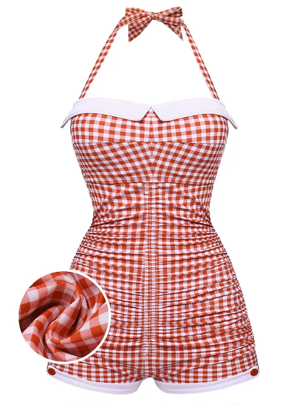 Monokini - style bikini with a unique one - piece - meets - bikini designGingham 1950s Halter Bowknot One-piece Swimsuit Monokini - style bikini with a unique one - piece - meets - bikini designGingham 1950s Halter Bowknot One-piece Swimsuit
