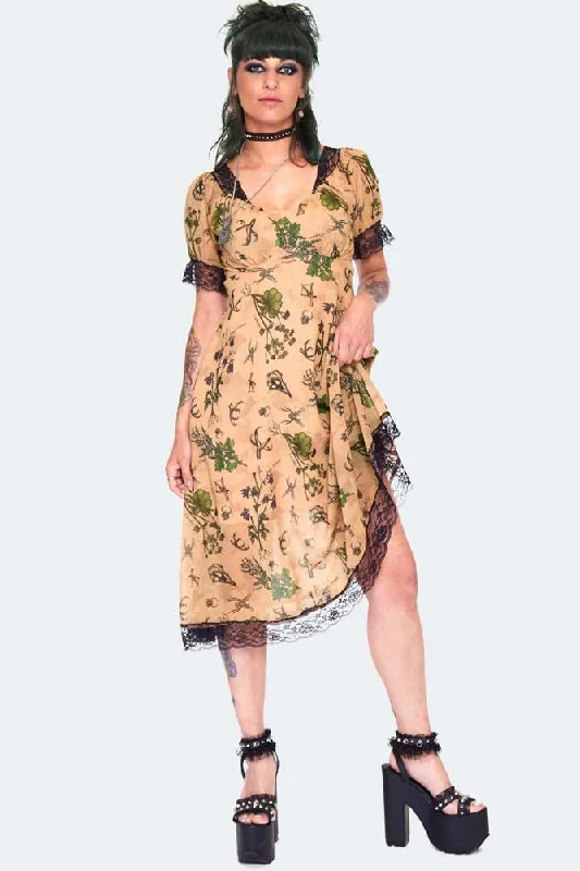 Plus size tiered ruffle dress for a feminine and playful vibeApothecary Print Midi Dress Plus size tiered ruffle dress for a feminine and playful vibeApothecary Print Midi Dress