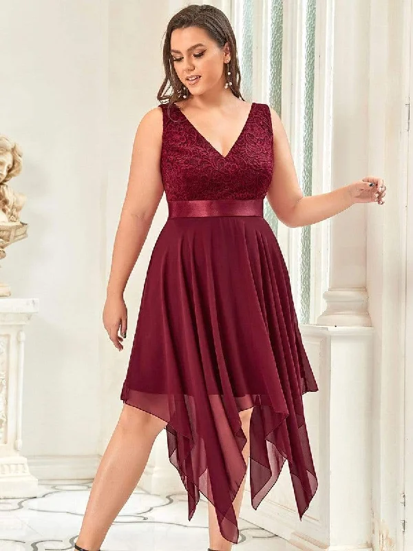 Plus size high - low hem dress for a modern and stylish touchPlus Size Stunning V Neck Lace & Chiffon Prom Dress for Women Plus size high - low hem dress for a modern and stylish touchPlus Size Stunning V Neck Lace & Chiffon Prom Dress for Women