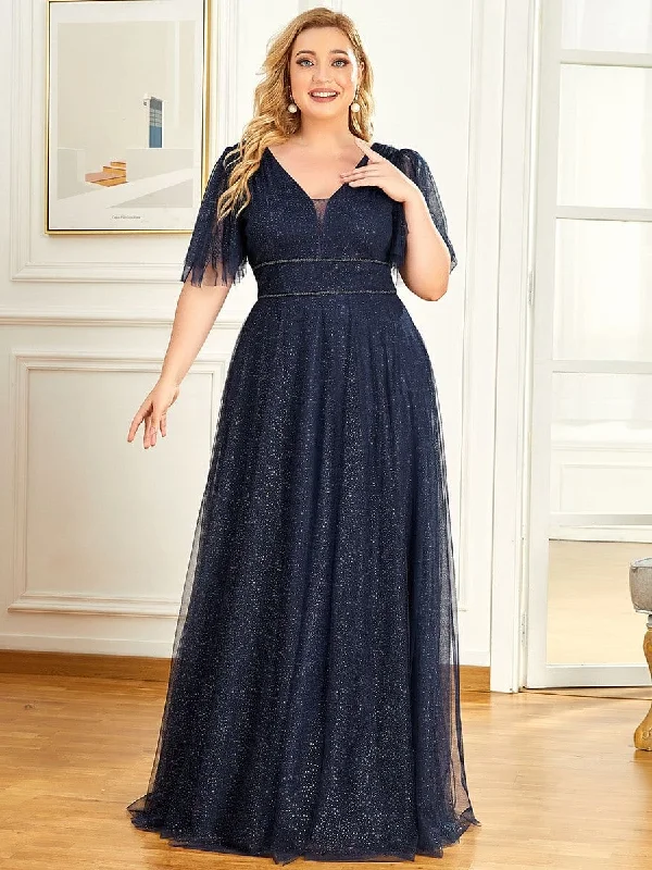 Plus size printed maxi dress with pockets for added conveniencePlus Size Romantic V Neck Tulle Evening Dress with Ruffle Sleeves Plus size printed maxi dress with pockets for added conveniencePlus Size Romantic V Neck Tulle Evening Dress with Ruffle Sleeves