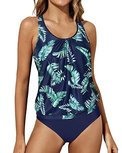 Athletic Tankini Bathing Suits Tank Tops Bottoms Blouson Swimwear For Women-Blue Leaves Athletic Tankini Bathing Suits Tank Tops Bottoms Blouson Swimwear For Women-Blue Leaves