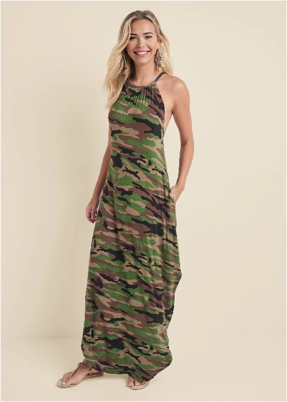 Plus size velvet holiday dress for a luxurious feelTie Neck Maxi Dress - Olive Multi