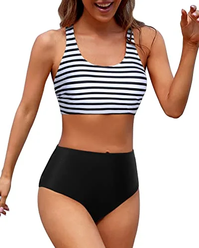 Floral - printed bikini for a feminine and colorful beach vibeFull Coverage Modest Coverage With Women's Sporty Swimsuit-Black And White Stripe Floral - printed bikini for a feminine and colorful beach vibeFull Coverage Modest Coverage With Women's Sporty Swimsuit-Black And White Stripe