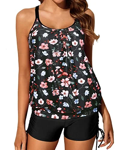 Blouson Tankini Swimsuits Slimming Tummy Control Criss Cross Swimwear-Black And Pink Floral Blouson Tankini Swimsuits Slimming Tummy Control Criss Cross Swimwear-Black And Pink Floral