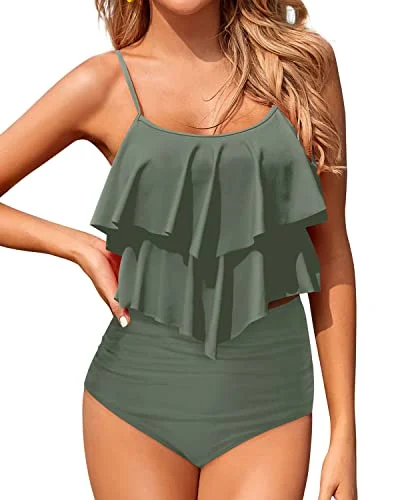 Lace - trimmed bikini for an elegant and romantic touchFlowy Two Piece Tummy Control Tankini Swimsuits For Women-Army Green Lace - trimmed bikini for an elegant and romantic touchFlowy Two Piece Tummy Control Tankini Swimsuits For Women-Army Green