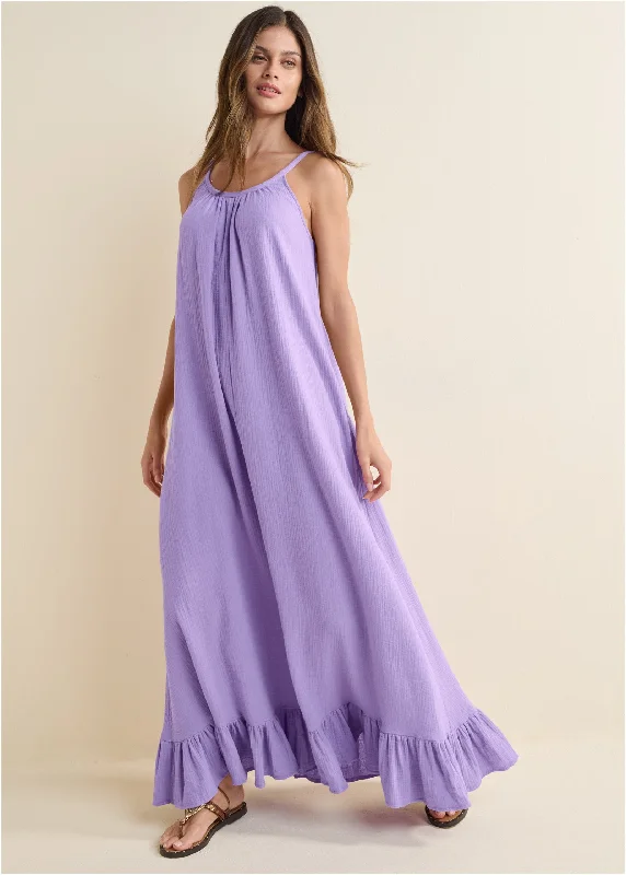 Plus size sleeveless sheath dress for work or eventsTie-Back Ruffle Maxi Dress - Purple