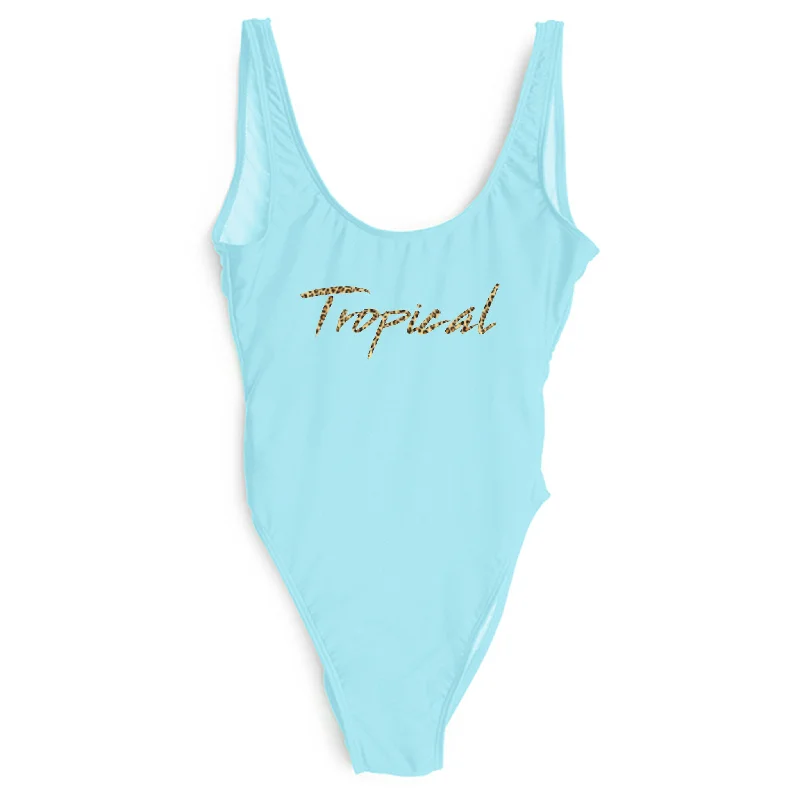 Plus Size Women's Striped One - Pieces in Navy and White for a Nautical - Inspired EnsembleTROPICAL W/ CHEETAH TEXT TEXT [SWIMSUIT]