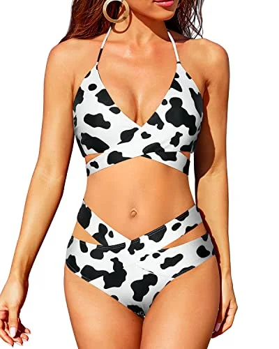 Neon - colored bikini to stand out on the beachCrossed V Shaped Waist 2 Piece High Waisted Bikini Set-Black And White Cow Pattern Neon - colored bikini to stand out on the beachCrossed V Shaped Waist 2 Piece High Waisted Bikini Set-Black And White Cow Pattern