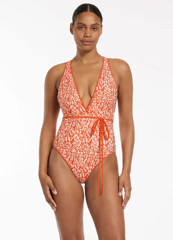 Plus Size Women's Wrap - Style One - Pieces in Burgundy with Belt for a Figure - Flattering OptionSereno Ditsy Tie One Piece - Coral Plus Size Women's Wrap - Style One - Pieces in Burgundy with Belt for a Figure - Flattering OptionSereno Ditsy Tie One Piece - Coral
