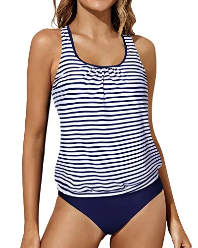 Women's Two Piece Swimsuit Tummy Control Tankini Bathing Suits Blouson Swimwear-Blue White Stripe Women's Two Piece Swimsuit Tummy Control Tankini Bathing Suits Blouson Swimwear-Blue White Stripe