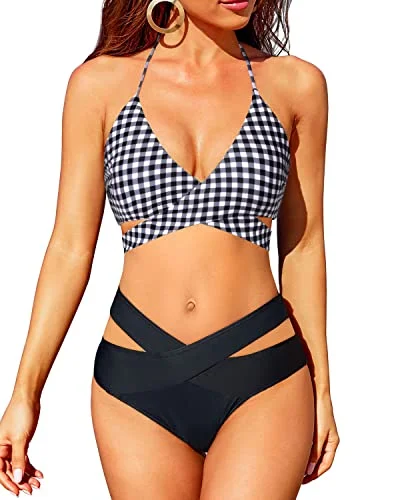 Tie - side bikini bottoms for an adjustable and stylish fitTriangle Wrap Bandage Bikini Set With High Waisted Bottoms For Women-Black And White Checkered Tie - side bikini bottoms for an adjustable and stylish fitTriangle Wrap Bandage Bikini Set With High Waisted Bottoms For Women-Black And White Checkered