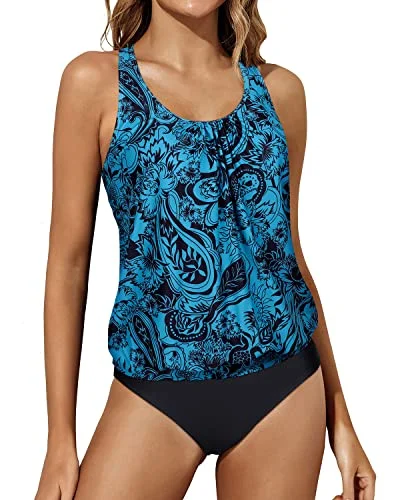Racerback Tankini Tank Tops Bottoms Blouson Swimwear For Women-Black And Tribal Blue Racerback Tankini Tank Tops Bottoms Blouson Swimwear For Women-Black And Tribal Blue
