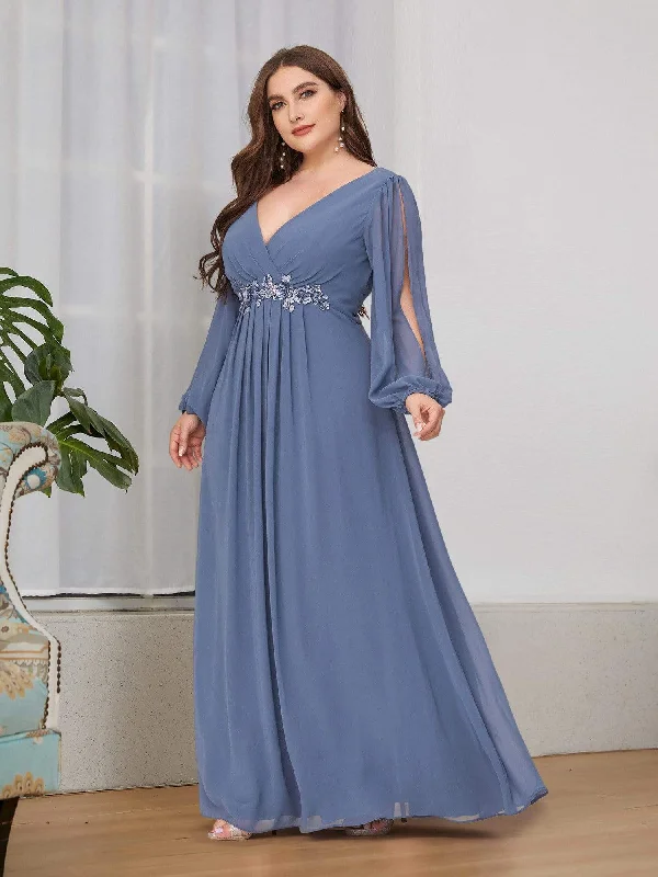 Plus size shirred - bodice dress for extra comfortStylish Chiffon Plus Size Evening Dresses with Long Lantern Sleeves Plus size shirred - bodice dress for extra comfortStylish Chiffon Plus Size Evening Dresses with Long Lantern Sleeves
