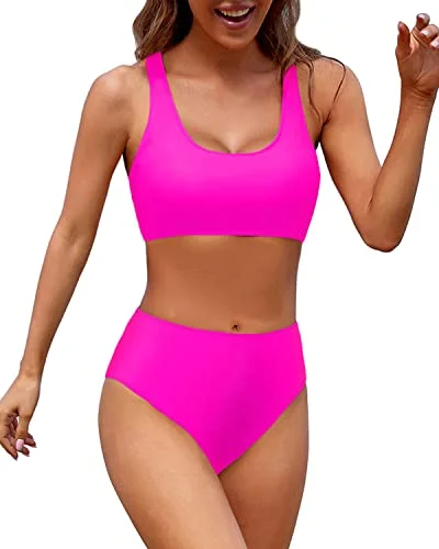 Sports bikini for high - intensity water activities like surfingHigh Cut Legs Women Athletic Flattering Two Piece Bikini-Neon Pink Sports bikini for high - intensity water activities like surfingHigh Cut Legs Women Athletic Flattering Two Piece Bikini-Neon Pink