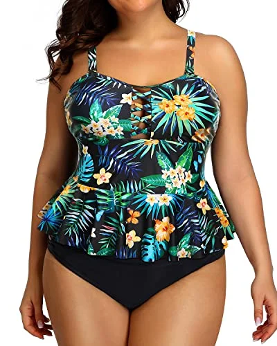 Peplum Tankini Tops And High Waisted Swimwear For Women Plus Size Swimsuits-Black Leaf Peplum Tankini Tops And High Waisted Swimwear For Women Plus Size Swimsuits-Black Leaf