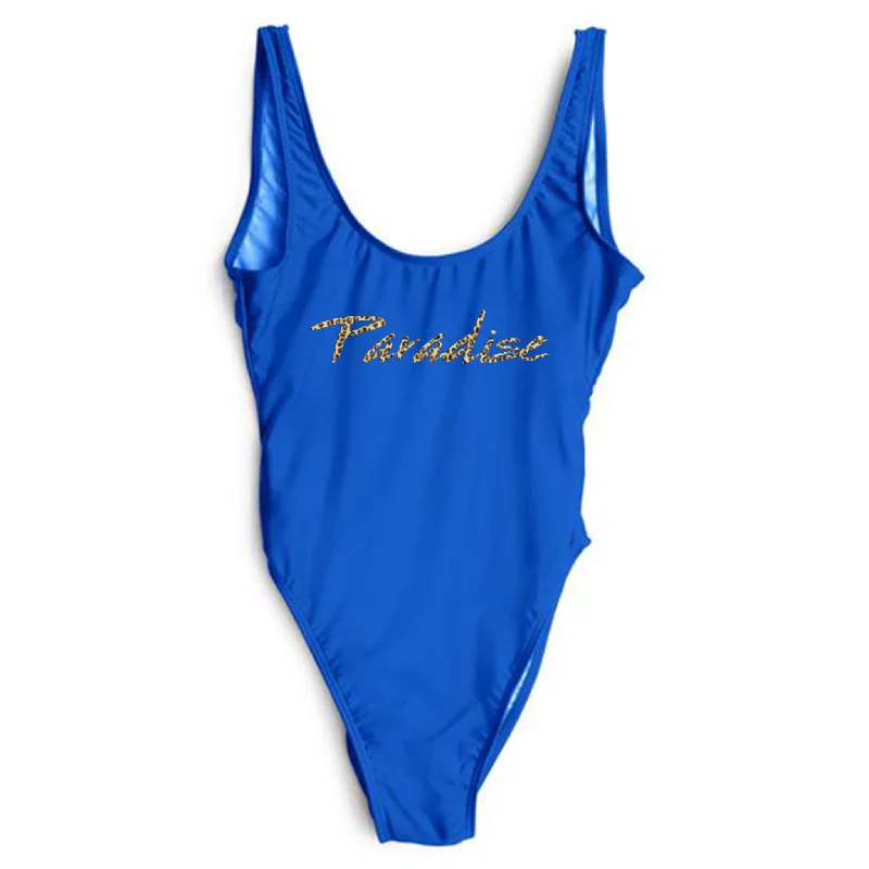 Women's Cut - Out One - Pieces in Black with Geometric Shapes for a Modern and Edgy StylePARADISE W/ CHEETAH TEXT TEXT [SWIMSUIT]