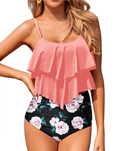 Sports bikini for high - intensity water activities like surfingTwo Piece Cute Tiered Ruffle Tankini Swimsuits For Women-Coral Pink Floral Sports bikini for high - intensity water activities like surfingTwo Piece Cute Tiered Ruffle Tankini Swimsuits For Women-Coral Pink Floral