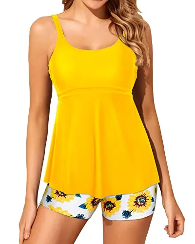 U Neck Two Piece Tankini Bathing Suits For Women Boy Shorts Modest Swimwear-Yellow And Sunflower U Neck Two Piece Tankini Bathing Suits For Women Boy Shorts Modest Swimwear-Yellow And Sunflower