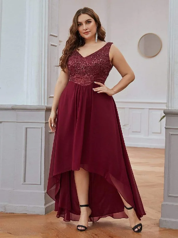 Plus size button - front denim dress for a casual and durable optionElegant Paillette & Chiffon V-neck A-line Sleeveless Plus Size Evening Dresses Plus size button - front denim dress for a casual and durable optionElegant Paillette & Chiffon V-neck A-line Sleeveless Plus Size Evening Dresses