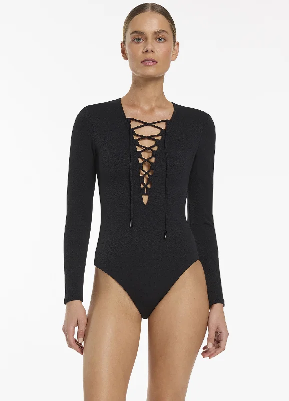 Women's Sheer Paneled One - Pieces in White for a Delicate and Elegant Evening AppearanceJoali Tie Front Plunge Surfsuit - Black Women's Sheer Paneled One - Pieces in White for a Delicate and Elegant Evening AppearanceJoali Tie Front Plunge Surfsuit - Black