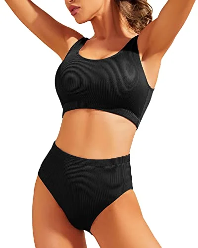 Long - line bikini top for added support and a fashionable lookHigh Waisted Ribbed Bikini Two Piece Bathing Suit For Women-Black Long - line bikini top for added support and a fashionable lookHigh Waisted Ribbed Bikini Two Piece Bathing Suit For Women-Black
