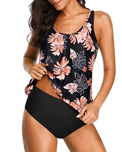 Women's Athletic Swimwear Blouson Tankini Swimsuits For Tummy Control-Black Orange Floral Women's Athletic Swimwear Blouson Tankini Swimsuits For Tummy Control-Black Orange Floral
