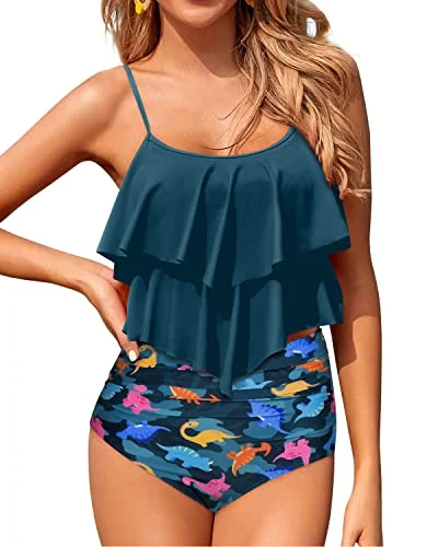 High - waisted bikini for a retro and tummy - flattering lookFlowy Tankini Top Tiered Ruffle Bikini Sets For Teen Girls-Blue Green Dinosaur High - waisted bikini for a retro and tummy - flattering lookFlowy Tankini Top Tiered Ruffle Bikini Sets For Teen Girls-Blue Green Dinosaur