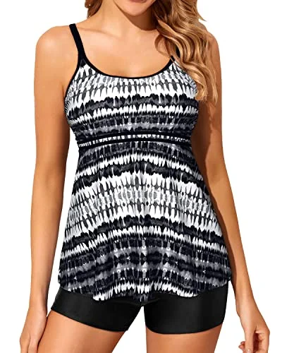 U Neck Slimming Swimsuits Two Piece Tankini Bathing Suits For Women-Black And White Tribal U Neck Slimming Swimsuits Two Piece Tankini Bathing Suits For Women-Black And White Tribal