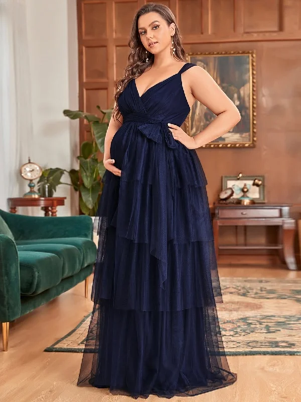 Plus size lace - detailed wedding guest dressPlus Size Tie Waist V-Neck Tiered Floor-length Maternity Dress Plus size lace - detailed wedding guest dressPlus Size Tie Waist V-Neck Tiered Floor-length Maternity Dress