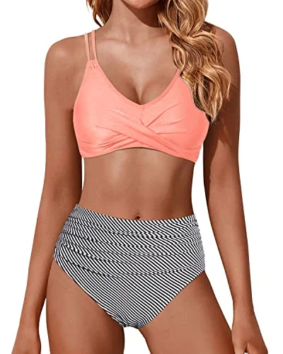 Maternity bikini for expecting mothers to enjoy the beach comfortablyRuched High Waisted Bikini Set Two Piece Swimsuits Push Up Wrap Swim Suits-Coral Pink Stripe