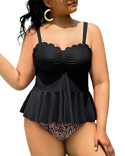 Women's Adjustable Straps Removable Padded Bras Plus Size Tankini Swimsuits-Black And Leopard Women's Adjustable Straps Removable Padded Bras Plus Size Tankini Swimsuits-Black And Leopard