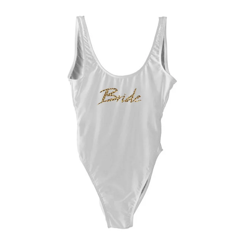Women's Long - Length One - Pieces in Gray with Asymmetric Hem for a Contemporary and Fashionable LookBRIDE W/ CHEETAH TEXT // NEW WILD THING FONT [SWIMSUIT]