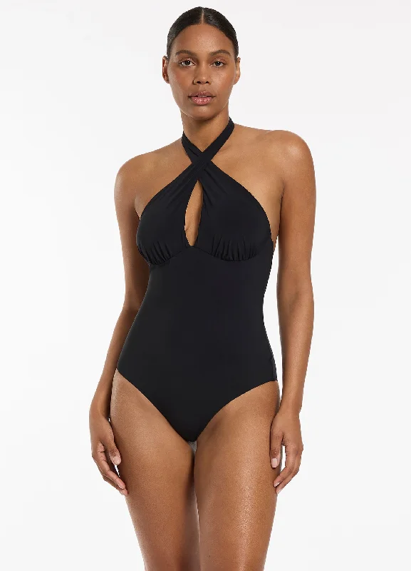 Women's Metallic One - Pieces in Silver for a Shiny and Eye - Catching Night OutfitJetset Cross Over Halter One Piece - Black Women's Metallic One - Pieces in Silver for a Shiny and Eye - Catching Night OutfitJetset Cross Over Halter One Piece - Black