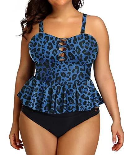 Peplum Tankini Tops Criss Cross Design For Women Plus Size Bathing Suits-Blue Lepoard Peplum Tankini Tops Criss Cross Design For Women Plus Size Bathing Suits-Blue Lepoard