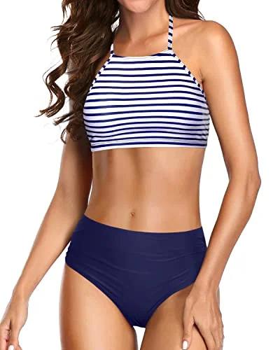 Convertible bikini that can be worn in multiple styles for versatilityRemovable Padding Triangle Bikini Sets For Women-Blue White Stripe Convertible bikini that can be worn in multiple styles for versatilityRemovable Padding Triangle Bikini Sets For Women-Blue White Stripe