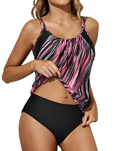 Women Two Piece Tankini Blouson Top And Bottom Sporty Swimsuits-Black And Pink Stripes Women Two Piece Tankini Blouson Top And Bottom Sporty Swimsuits-Black And Pink Stripes