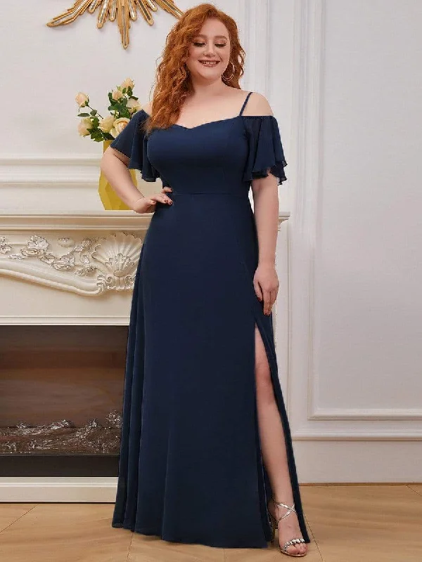 Plus size shirred - bodice dress for extra comfortPlus Size Cold Shoulder Bridesmaid Dress with Side Slit