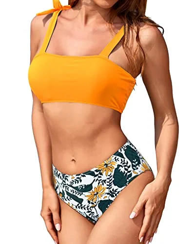 High - waisted bikini for a retro and tummy - flattering lookBandeau Swimsuit Set With High Cut Bottoms For Teen Girls And Juniors-Yellow Floral High - waisted bikini for a retro and tummy - flattering lookBandeau Swimsuit Set With High Cut Bottoms For Teen Girls And Juniors-Yellow Floral