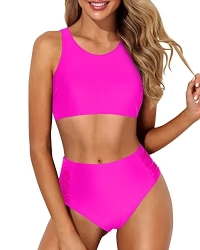 High - performance bikini with quick - drying fabric for active swimmersSporty High Waisted Two Piece Bikini Set For Teen Girls-Neon Pink High - performance bikini with quick - drying fabric for active swimmersSporty High Waisted Two Piece Bikini Set For Teen Girls-Neon Pink