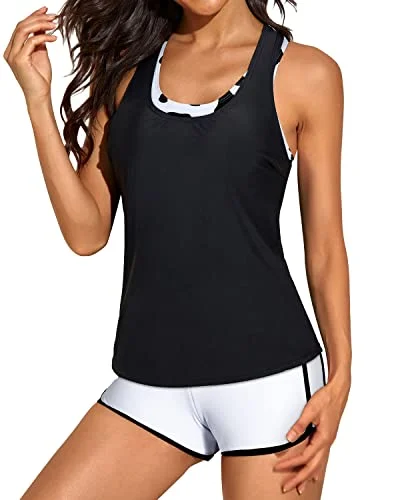 Open Back Tankini Top Sports Bra And Boyshorts Bathing Suits 3 Piece Tankini-Black And White Cow Open Back Tankini Top Sports Bra And Boyshorts Bathing Suits 3 Piece Tankini-Black And White Cow