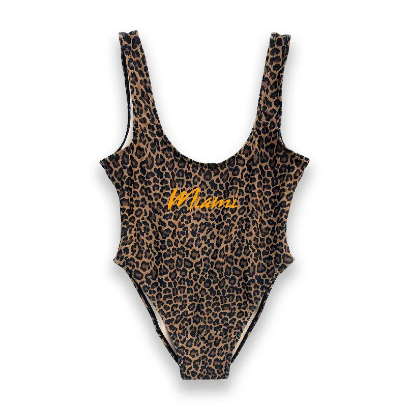 Women's Sleeveless Backless One - Pieces in Black with Cut - Out Details for a Sexy Beach LookMIAMI W/ NEON ORANGE TEXT // NEW WILD THING FONT [SWIMSUIT]