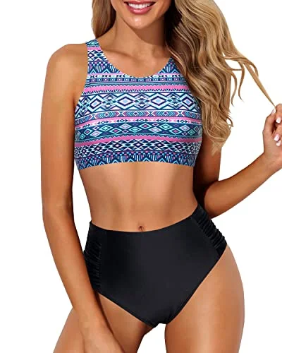 Sustainable bikini made from recycled materials for eco - conscious beachgoersCrop Top High Waisted Two Piece Bikini For Large Breasted Women-Blue Tribal Sustainable bikini made from recycled materials for eco - conscious beachgoersCrop Top High Waisted Two Piece Bikini For Large Breasted Women-Blue Tribal