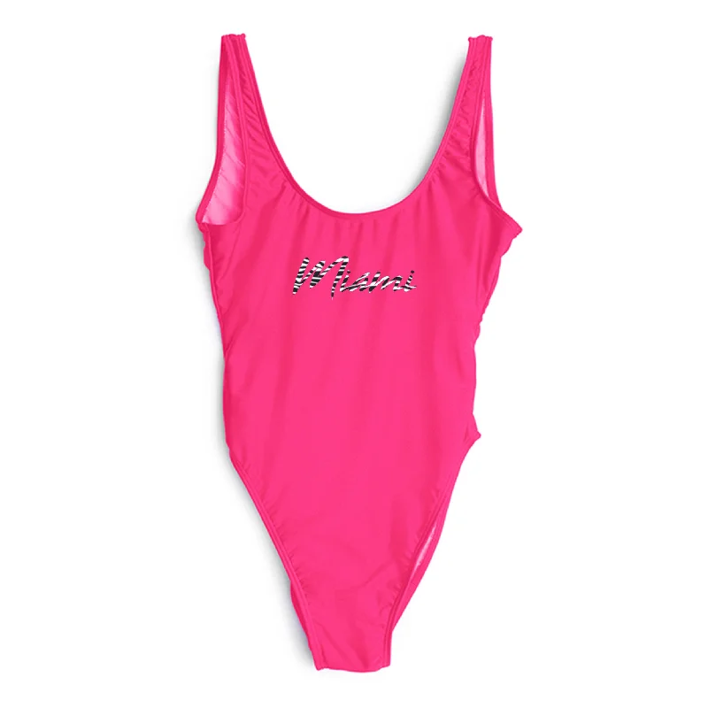 Plus Size Women's Wrap - Style One - Pieces in Burgundy with Belt for a Figure - Flattering OptionMIAMI  W/ ZEBRA TEXT // NEW WILD THING FONT [SWIMSUIT]