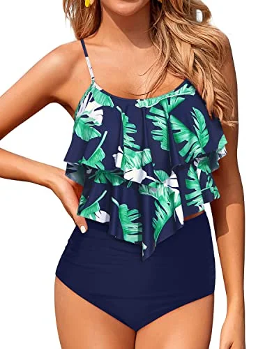 Ruched bikini with fabric gathers for a slimming effectFlowy Ruffle Tankini Tops With High Waisted Bikini Bottoms For Teen Girls-Blue Leaf
