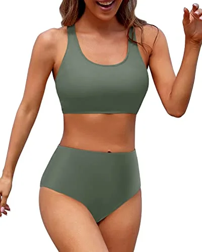 Metallic - finish bikini for a glamorous and eye - catching poolside lookSporty Women's High Waisted Two Piece Bikini Sports Crop Top Swimsuit-Army Green Metallic - finish bikini for a glamorous and eye - catching poolside lookSporty Women's High Waisted Two Piece Bikini Sports Crop Top Swimsuit-Army Green