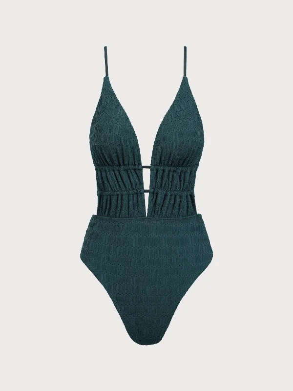 Women's Plaid Patterned One - Pieces in Red and Black for a Classic Fall LookDark Green Textured Plunge One-Piece Swimsuit Women's Plaid Patterned One - Pieces in Red and Black for a Classic Fall LookDark Green Textured Plunge One-Piece Swimsuit