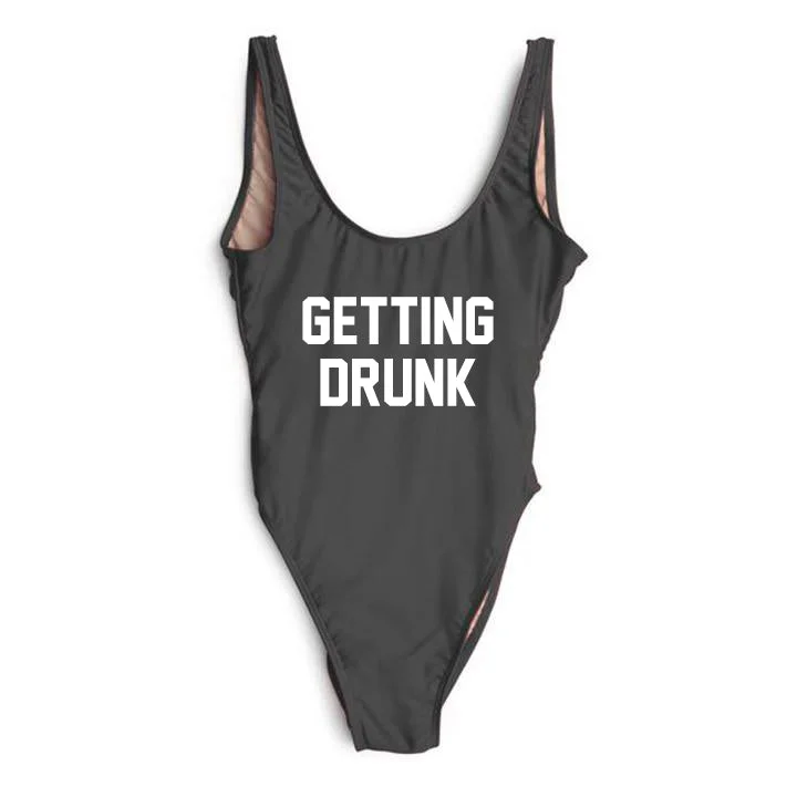 Women's Long - Length One - Pieces in Gray with Asymmetric Hem for a Contemporary and Fashionable LookGETTING DRUNK [SWIMSUIT]