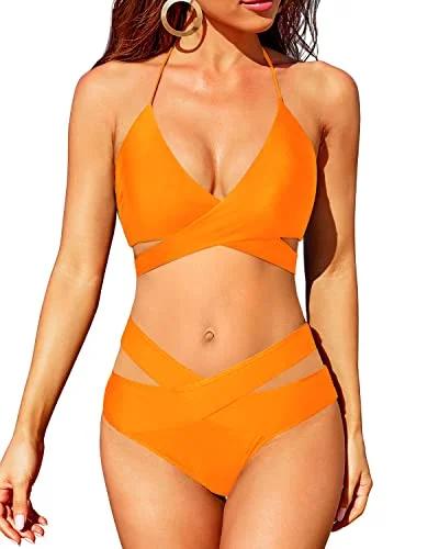 Plus - size bikini with full - coverage options for comfort and confidenceFlattering Removable Padded Bra Bikini With Halter Neck-Orange Plus - size bikini with full - coverage options for comfort and confidenceFlattering Removable Padded Bra Bikini With Halter Neck-Orange