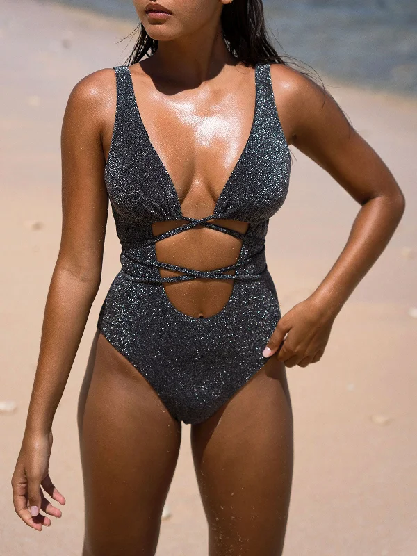 Women's Sleeveless Backless One - Pieces in Black with Cut - Out Details for a Sexy Beach LookBlack Lurex Cutout-Front One-Piece Swimsuit Women's Sleeveless Backless One - Pieces in Black with Cut - Out Details for a Sexy Beach LookBlack Lurex Cutout-Front One-Piece Swimsuit