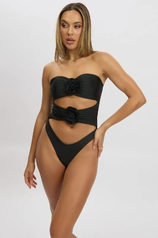 Women's Sleeveless One - Pieces in Yellow with Floral Appliques for a Cheerful and Spring - Like LookBlack Cut Out Rosette One Piece Swimsuit Women's Sleeveless One - Pieces in Yellow with Floral Appliques for a Cheerful and Spring - Like LookBlack Cut Out Rosette One Piece Swimsuit